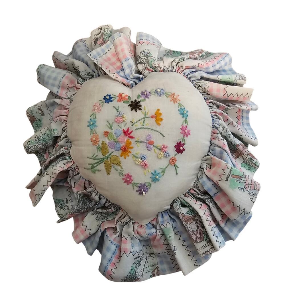 Vintage Floral Needlepoint Heart Patchwork Pillow Pink Cottage Grandmacore Decor